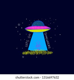 Lets go somewhere Universe space UFO travel Planet Star moon cosmos astronomy inspiration graphic design typography element. Hand drawn postcard. Cute simple vector paper cutout collage style