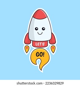 lets go sticker concept space rocket ship lunch with cute face vector outline illustration