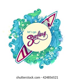 Lets Go Surfing vintage poster with waves retro logo aged emblem with Surfboard, T-shirt print template, label, flayer design. 