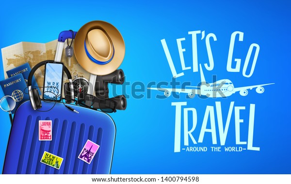 Let\'s Go Travel 3D\
Realistic Banner Front View with Around the World Message and\
Travelling Items such as Luggage Bag,  Binoculars, Map, Magnifying\
Glass and Sunglasses