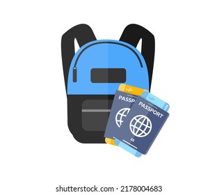 Let's go travel around the world  logo design. Trip and tour worldwide vacation. Backpack, passport, air ticket, adventure lifestyle  vector design and illustration.