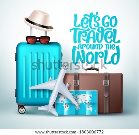 Let's go travel around the world vector design. Let's go travel typography text with travel vacation and tour elements like luggage bag, suitcase, map and hat in white background. Vector illustration.