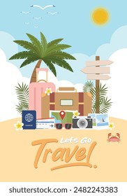 Let's Go Travel Background with Traveling and Summer Elements in Flat Style Illustration. Traveling Vector Illustration for Poster, Flyer and Background.