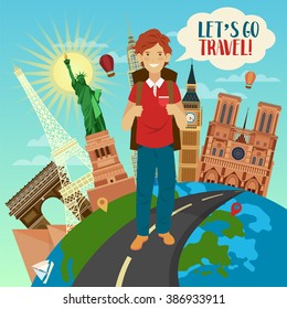 Let's Go Travel Banner with Famous World Buildings on the Globe and Happy Tourist. Vector illustration in flat style