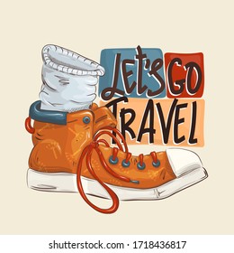 Let's go travel - color flat hand drawn vector illustration of vacation time. Orange sneaker with a fashionable pattern. Cartoon style. Child t-shirt design idea.