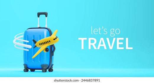 Lets go travel concept. 3d cartoon yellow airplane with white track fly around of blue suitcase on turquoise background. Vector illustration.