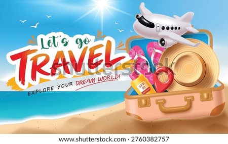Let's Go Travel Concept with Airplane and Suitcase on Sunny Tropical Beach Background
