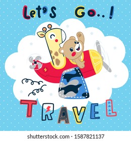 Let's go travel with cute bear and giraffe riding a red airplane on blue sky background vector.