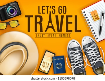 Let's Go Travel Enjoy Every Moment Text with Realistic Shoes, Hat, Passport, Phone and Camera for Vacation in Blue Background Top View Banner. Vector Illustration