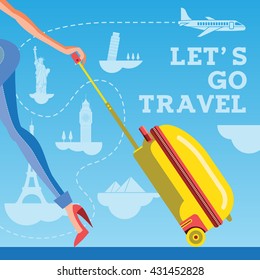 Lets go travel. Girl with a suitcase against the backdrop of sights and aircraft. Vacations and tourism concept background, vector illustration. 