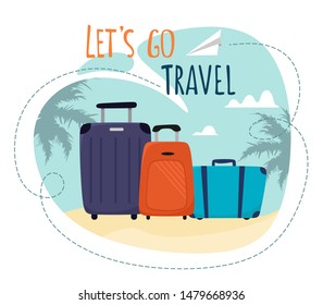 Lets Go Travel Motivational Title. Travel banner with cartoon suitcases and a flying paper airplane. Vector Illustration in Flat Design.