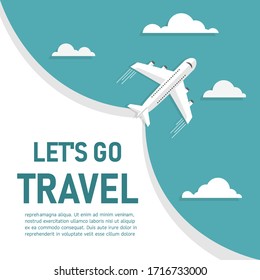 Vamos a viajar por una plantilla de avión. Afiche de negocios de turismo y transporte. Copiar espacio para la entrada de texto. Ilustración vectorial en diseño plano. Aerolíneas que vuelan por las nubes en el cielo azul. Vista superior.