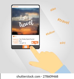 Lets go travel pnone design, human hand and hashtags