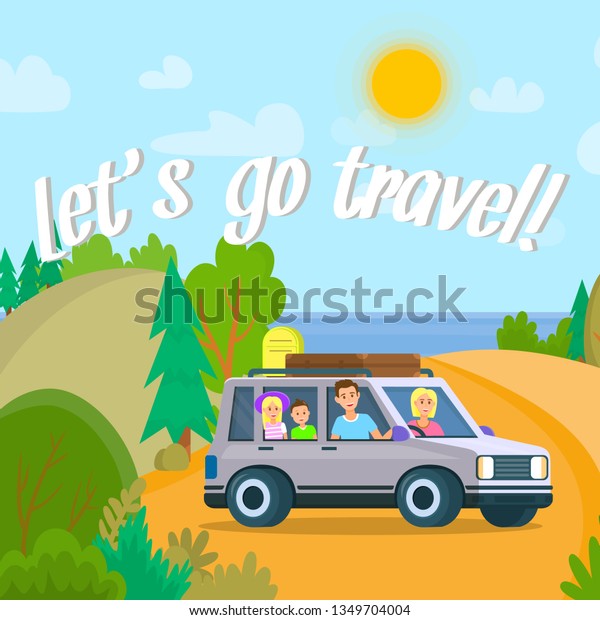 Lets Go Travel Square Banner. Young Happy\
People Going by Car From City to Nature. Family Vacation Concept.\
Parents and Children Traveling. Beautiful Summer Landscape. Cartoon\
Flat Vector Illustration