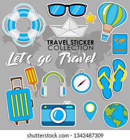 Let's go Travel. Summer Travel sticker collection, Vector isolated illustration on grey background with maps