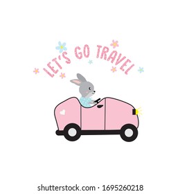 let's go travel text, rabbit, pink car, illustration, vector  art