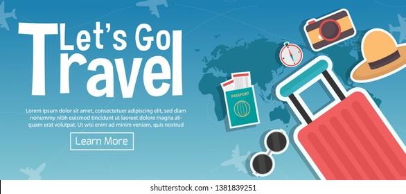 Let's Go Travel. Top view on travel and tourism concept template