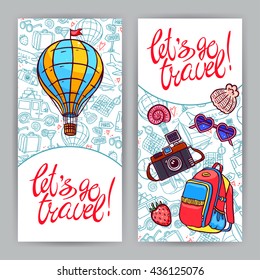 let's go to travel. two cute cards on travel theme. hand-drawn illustration