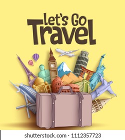 Let's go travel vector banner design with famous world tourism attractions and travel destinations elements in a traveling bag. Vector illustration in yellow background.
