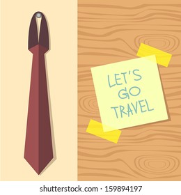 Let's go travel word on a note paper with red necktie on wall, Business concept