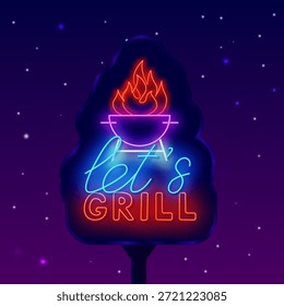 Lasst uns grillen. Billboard für Neonstraßen. Symbol für Feuer und Schwenk. Nachtwerbung im Freien. Grill-Steakhaus. Einladung zum Catering. Bearbeitbarer Strich. Vektorgrafik