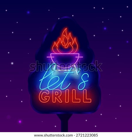 Lets grill. Bbq time neon street billboard. Fire and pan symbol. Outdoor night advertising. Barbecue steak house. Catering party invitation. Editable stroke. Vector stock illustration
