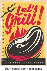 Diseñemos afiches retro a la parrilla con filete de ternera fresco en llamas. Ilustración vectorial de la parrilla.