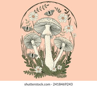 Let's grow together. Mushroom and Flower t-shirt design. Flower artwork for t shirt print, poster, sticker, background and other uses. Toadstool digital painting. Floral and butterfly garden.