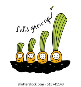 Let's grow up. Baby carrot growth stages. Children vector illustration. Cute character design and graphic elements for kids. Cartoon hand drawn style.