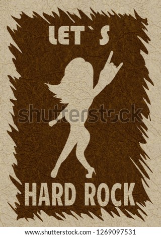 Let`s hard rock. Illustration showing the silhouette of the fan. Stylish template for slogan, poster, flyer, etc. Vector with noise and texture, marble textured backdrop. Vertical.