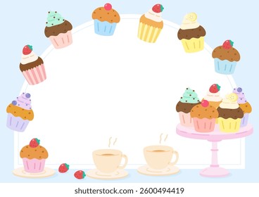 lets have a delicious cupcake party with a cup of tea, vector illustration