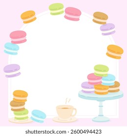 lets have a delicious macaron party with a cup of tea, vector illustration
