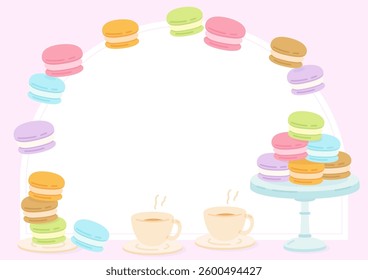 lets have a delicious macaron party with a cup of tea, vector illustration