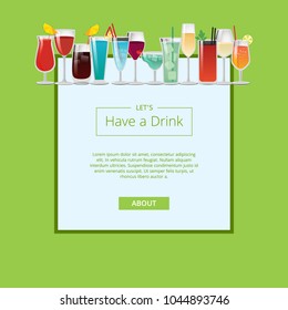 Lets have a drink web poster cocktails and champagne in glasses, decorated by umbrellas and straws, icy refreshing drinks webpage push button about
