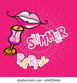 lets have a juicy summer poster with lips and cocktail