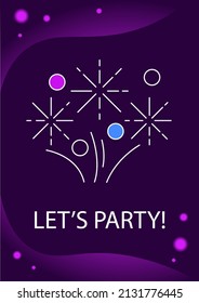 Lets have party greeting card with color icon element. Having fun and dancing. Postcard vector design. Decorative flyer with creative illustration. Notecard with congratulatory message on purple