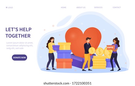 Lets Help Together concept with diverse people making charitable donations of boxes and money below a red heart, colored vector illustration