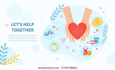 Lets Help Together concept with a red heart in helping hands surrounded by charitable donation icons with copy space for text, colored vector illustration