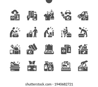Let's hit the road. Buy online tickets. Pack a suitcase. Leisure, recreation, activities, tourism, vacations, holiday, adventure and travelling. Vector Solid Icons. Simple Pictogram