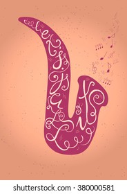 Lets jazz it - inspirational hand drawn lettering poster. Calligraphy vector phrase.Saxophone silhouette, notes, treble clef as background. Vector hand drawn poster concept.Inspirational illustration.