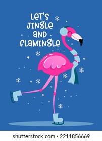 Let's jingle and flamingle - Calligraphy phrase for Christmas with cute flamingo girl. Hand drawn lettering for Xmas greetings cards, invitations. Good for t-shirt, mug, scrap booking, gift.