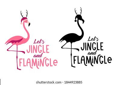 Dejemos que Jingle y Flamingle escribieran a mano una cita navideña con un lindo flamenco en un sombrero con cuernos. Cartas dibujadas a mano para tarjetas de felicitación navideñas e invitaciones. Es bueno para las camisetas y las huellas de la taza.