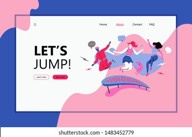 Lets jump web page template. Jumping fitness or trampoline workout concept. Modern faceless people caracters in vivid color. 