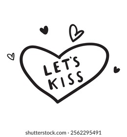 Let's kiss. Heart shape. Outline black color design. Illustration on white background.