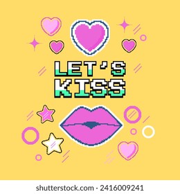 Let's kiss - vector pixel art illustration. Square gift card or poster for Valentine's day, with hearts, stars and kisses. Retro style with neon colors.