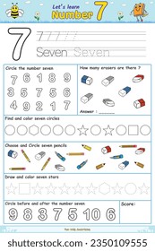 Let's Learn the Number Seven. Searching, coloring, circling, counting, and drawing.  Fun activities for kids to play and learn.