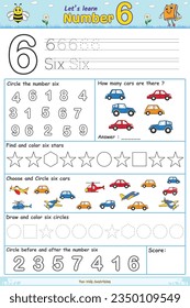 Let's Learn the Number Six. Searching, coloring, circling, counting, and drawing.  Fun activities for kids to play and learn.