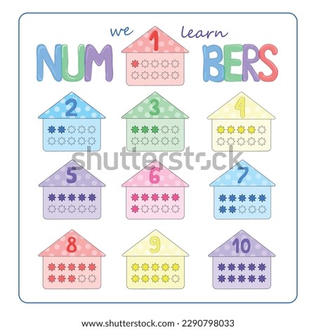 let's learn numbers - cards in the form of houses for studying numbers up to ten, visual table in mathematics, a table of numbers from one to ten for junior school and preschool