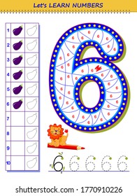 Let's learn numbers. Educational game for children. Printable worksheet for school textbook. Kids activity sheet. Developing counting and writing skills. Trace number 6. Play online. Coloring book.