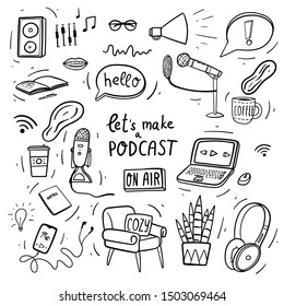 Let's make a podcast hand drawn doodles with laptop, microphone, headset, shout, on air sign, smartphone with headphones, coffee mug, cozy armchair and houseplant. Stock vector